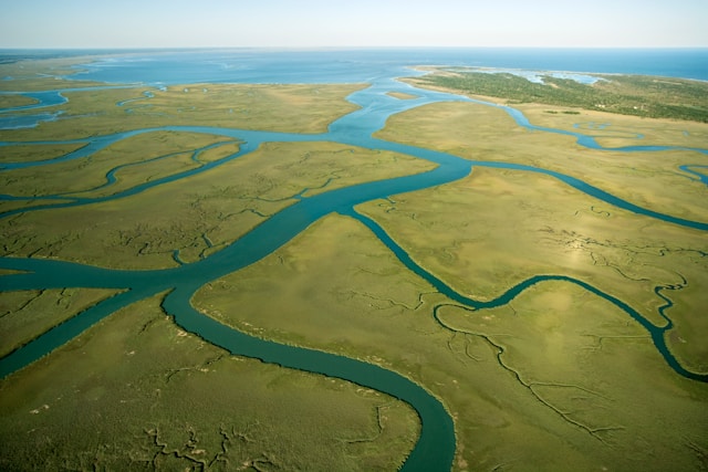 Vista aérea de varios cauces de agua que atraviesan un paisaje natural y convergen, metáfora de la diversificación de fuentes de financiamiento.
