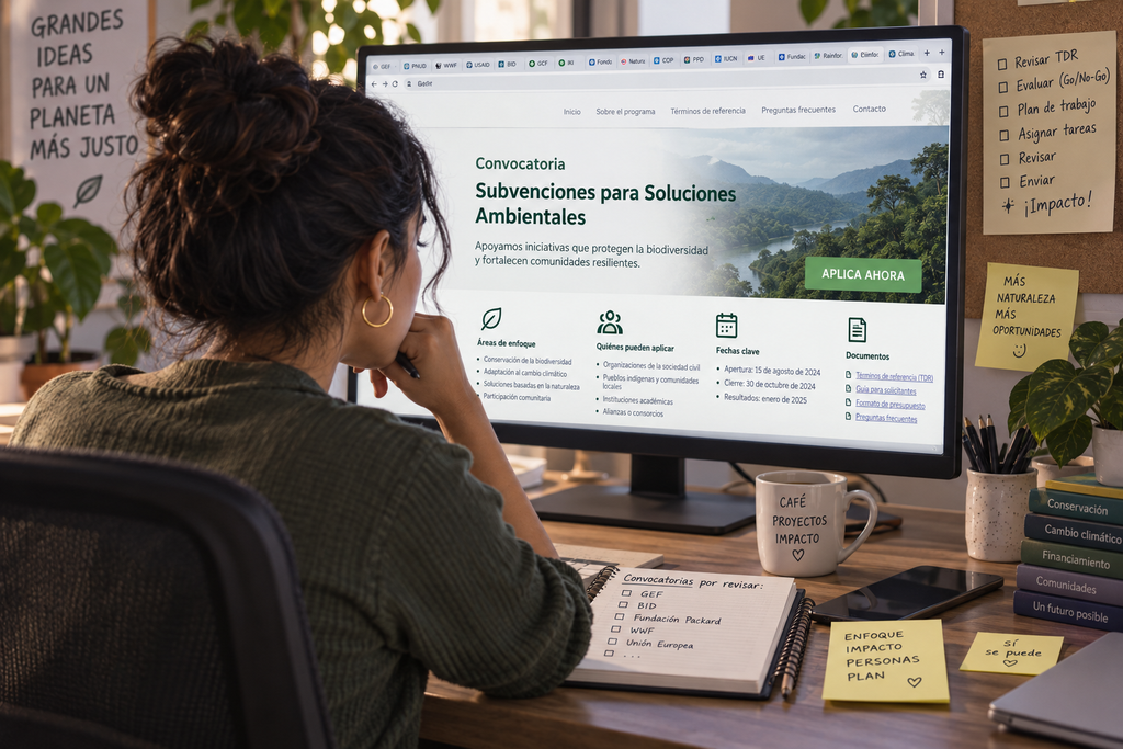 Profesional de una ONG ambiental revisando convocatorias de subvenciones para decidir a cuáles aplicar.